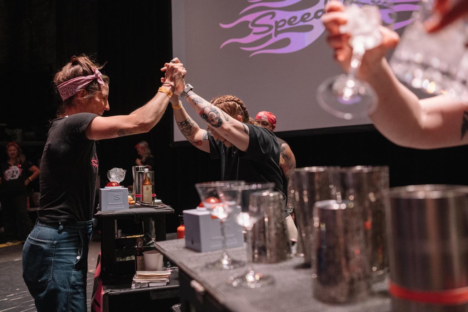 Ivy congratulates a competitor during Speed Rack Chicago. Photo: Speed Rack