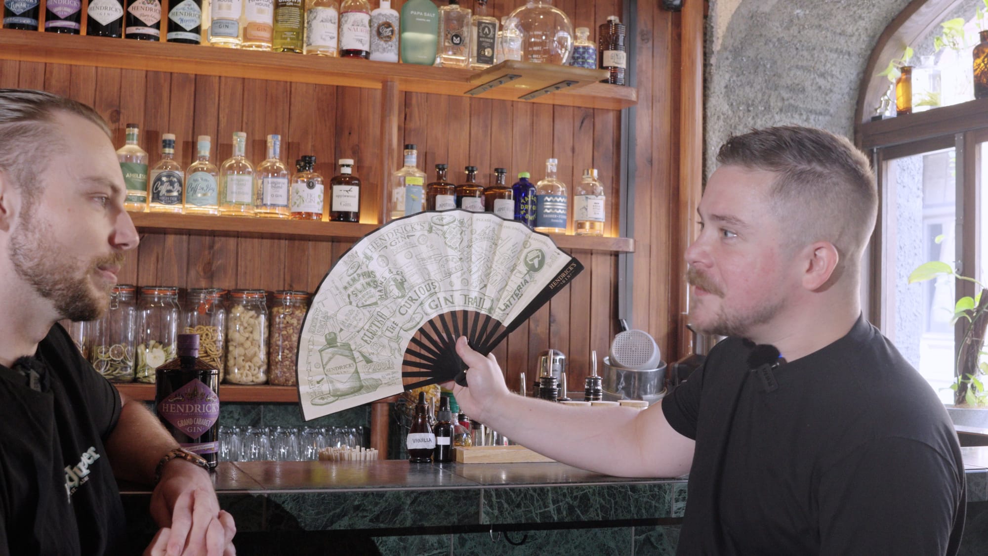 James talks to Malt & Juniper bar manager, Aaron. Photo: Boothby